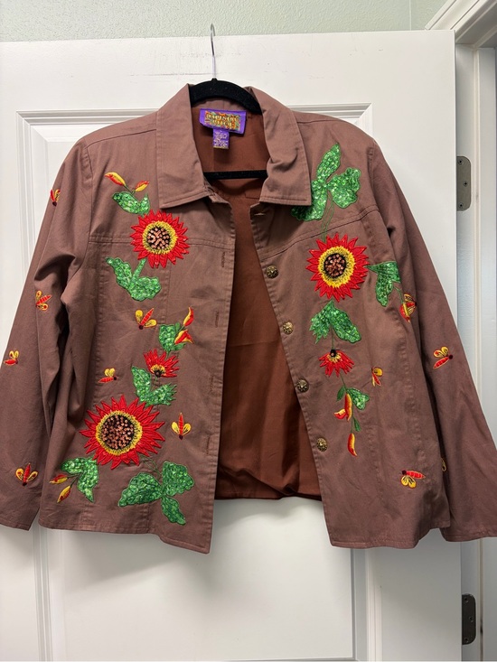 Tapestry Patch Jackets & Blazers - Vtg Women's Embroidered Floral Jacket - Brown Sunflower Design